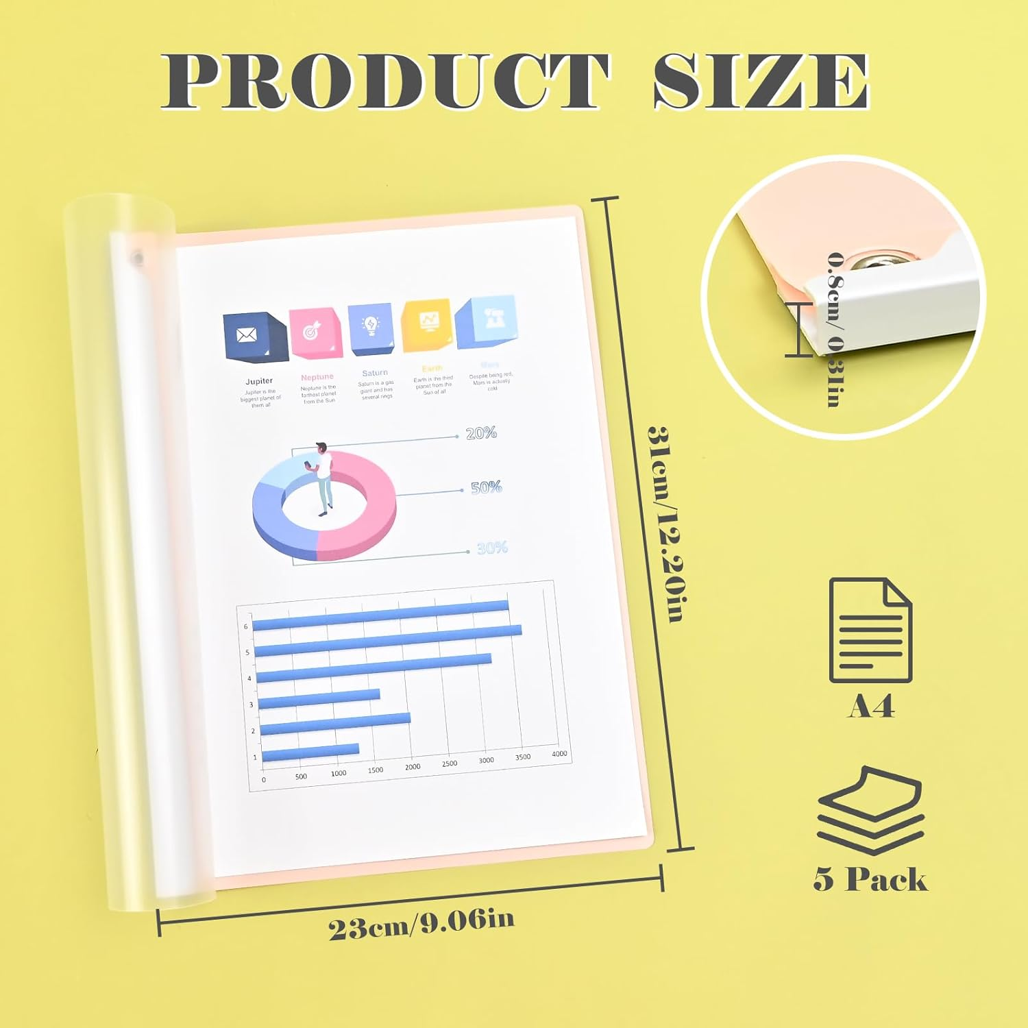 BAYTORY Clear Report Covers with Swing Clip, Plastic Folders for A4 and Letter Size Paper, 5 Pack Clear Front Presentation Binder for School Business, 40 Sheet Capacity/Pack (Morandi) - Morandi image number 5