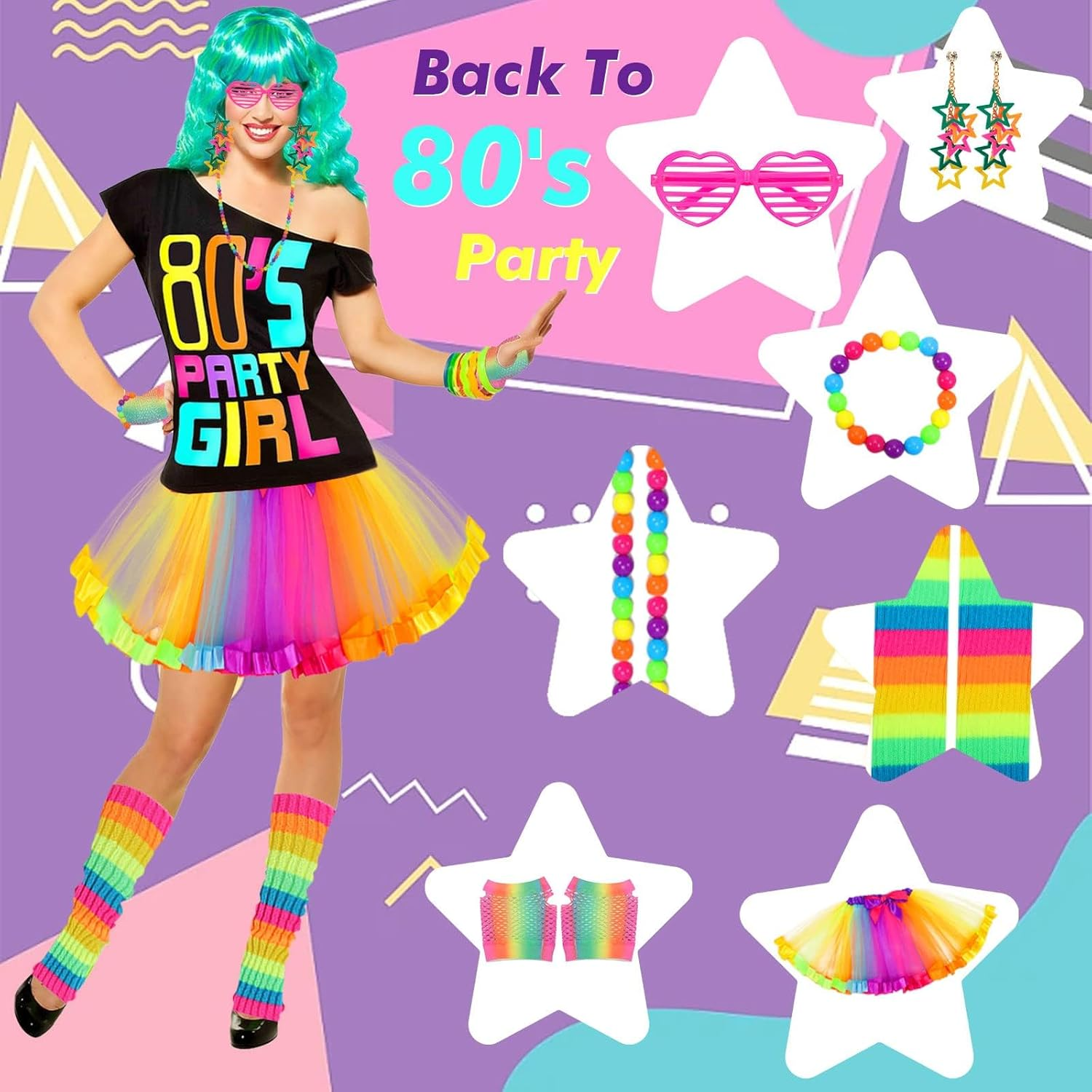 Hapurs 80S Fancy Dress for Women, 80S Costume Accessories Set Neon Rainbow Tutu Skirts Leg Warmers Gloves Glasses Bracelet Necklace Retro Party Costume image number 4