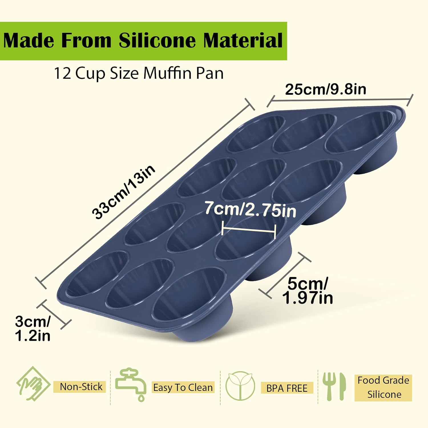 2 Pack Large Silicone Muffin Baking Pan & Cupcake Tray 12 Cup - Nonstick Cake Molds/Tin, Silicon Bakeware, BPA Free, Dishwasher & Microwave Safe by Folksy Super Kitchen (Grey) image number 5
