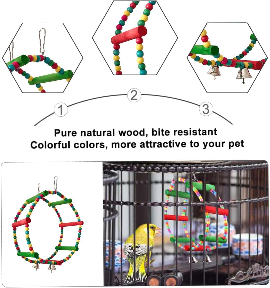 AIMALL Parrot Swing Wooden Bird Toy, 11.02&times;8.66In Multi-Functional Colorful Decorative Stand &ndash; Pine Wood with Bells for Parrot Cage, Bird Supplies