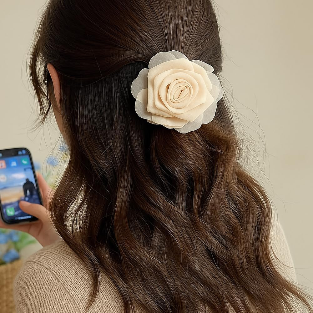 GOMAKERER 9 Pcs Flower Elastic Hair Ties, 3 Colors Floral Hair Bows Elastics Rubber Bands Scrunchy Hair Ties for Women Girls Wedding Bridal image number 1