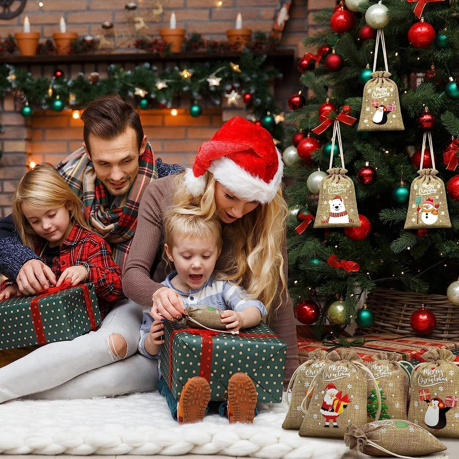 24 Pcs Christmas Linen Bags, with Drawstrings Christmas Burlap Gift Bags, Jute Xmas Candy Bags Linen Treat Sacks Reusable Gift Wrapping Bags Xmas Holiday Party Favors Bags image number 4