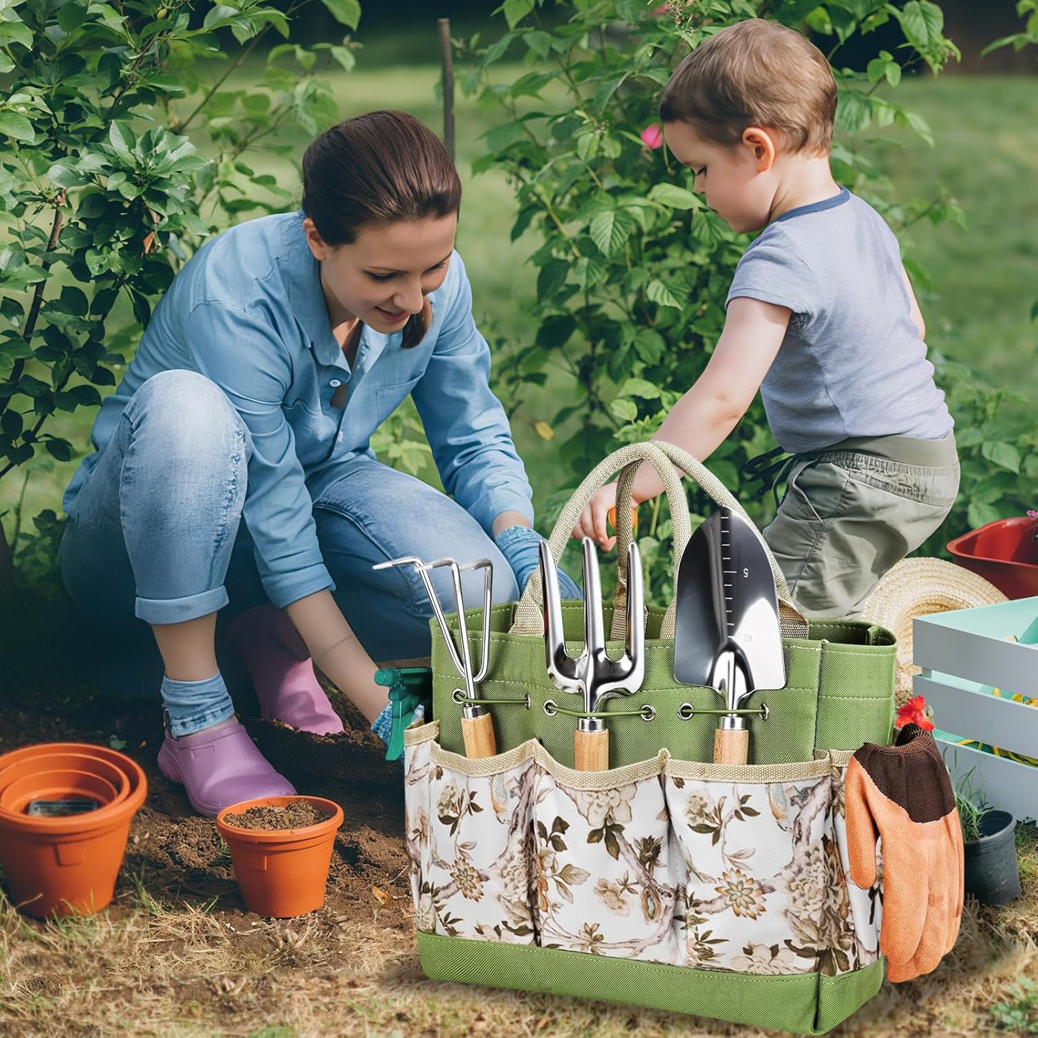 Springup 10 PCS Gardening Tools Heavy Duty Garden Tools Kit Hand Held Tool Set with Durable Organizer Tote Bag, Stainless Steel Rust Proof, Gardening Gifts for Women image number 2