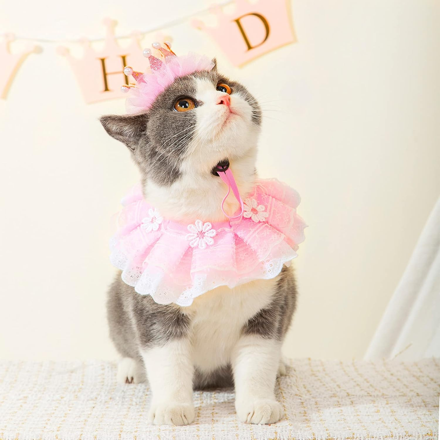 4Pcs Cat Birthday Crown Hat for Cats & Cat Lace Bandana Pink Princess Costumes for Cats Birthday Party & Pink Happy Birthday Crown Banner & Crown Cake Toppers with NO. 0-10 image number 5