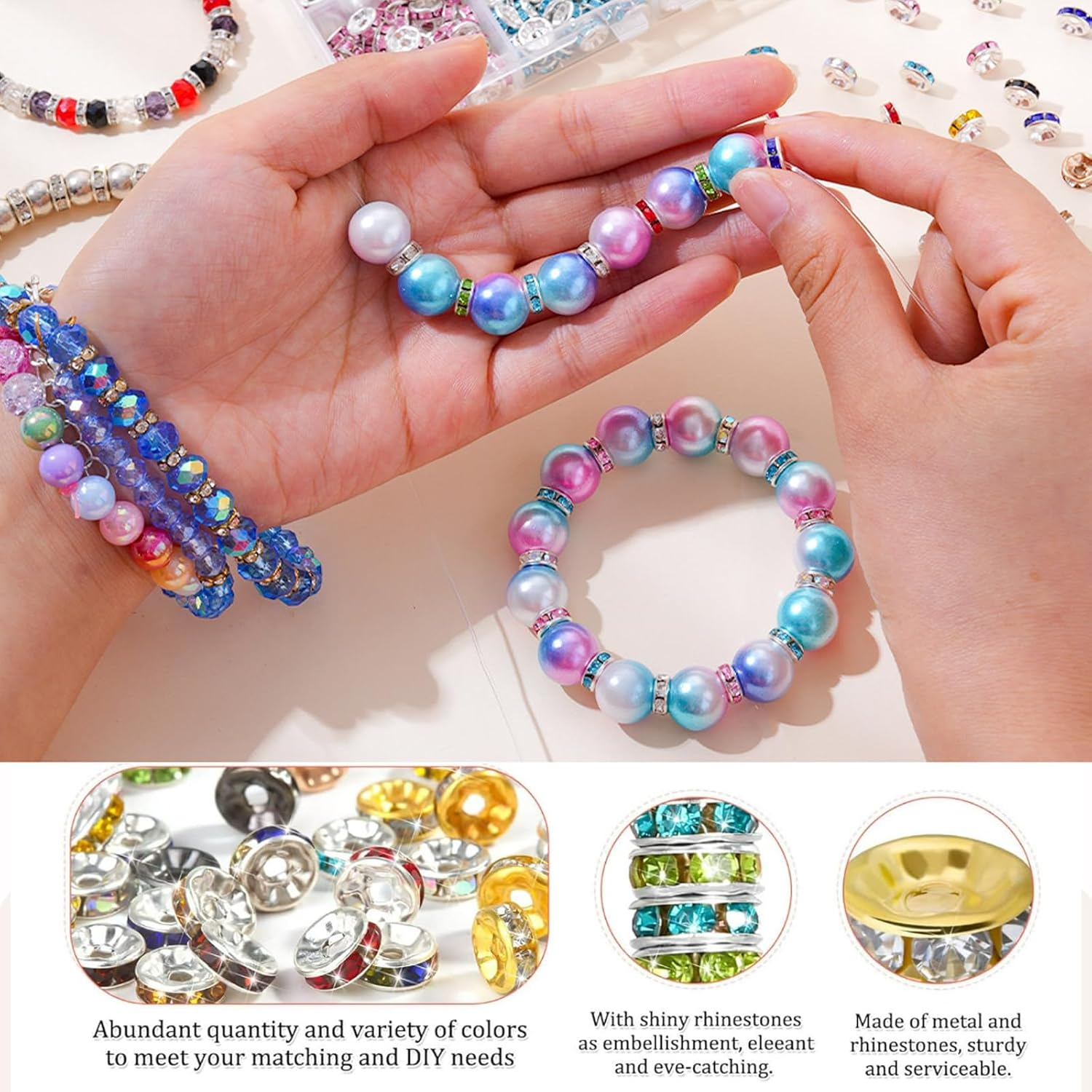 600Pcs Spacer Beads for Jewelry Making, 8Mm Rhinestone Spacer Beads Crystal Bead Spacers for Bracelets, for Bracelet Necklace Jewelry Making DIY （12 Colors） image number 3