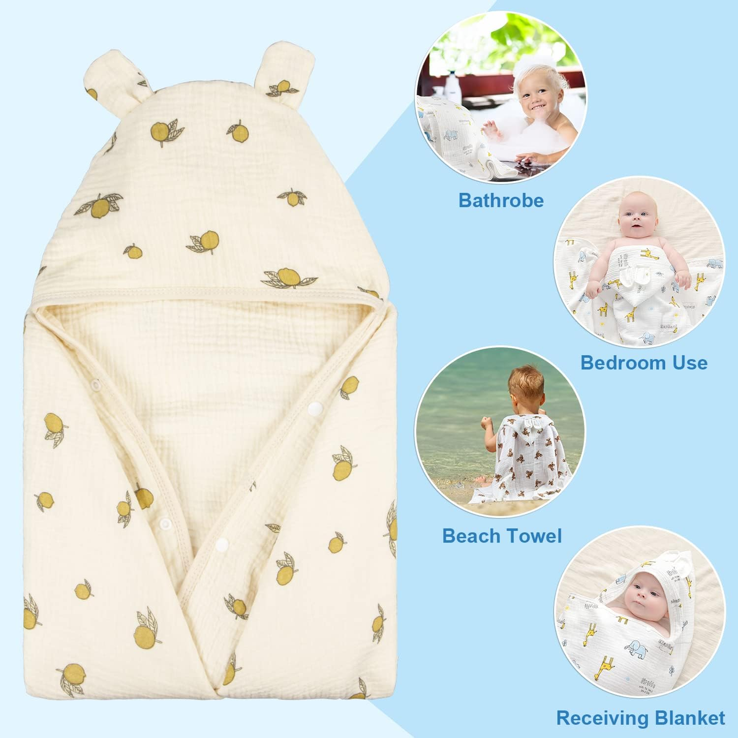 Hooded Towel Muslin Hooded Towel Made from Organic Cotton 6-Layer Cotton Bath Towel, Soft Bath Towels for Toddler Baby, Toddler Towels with Hood,1-5 Years Old Kids