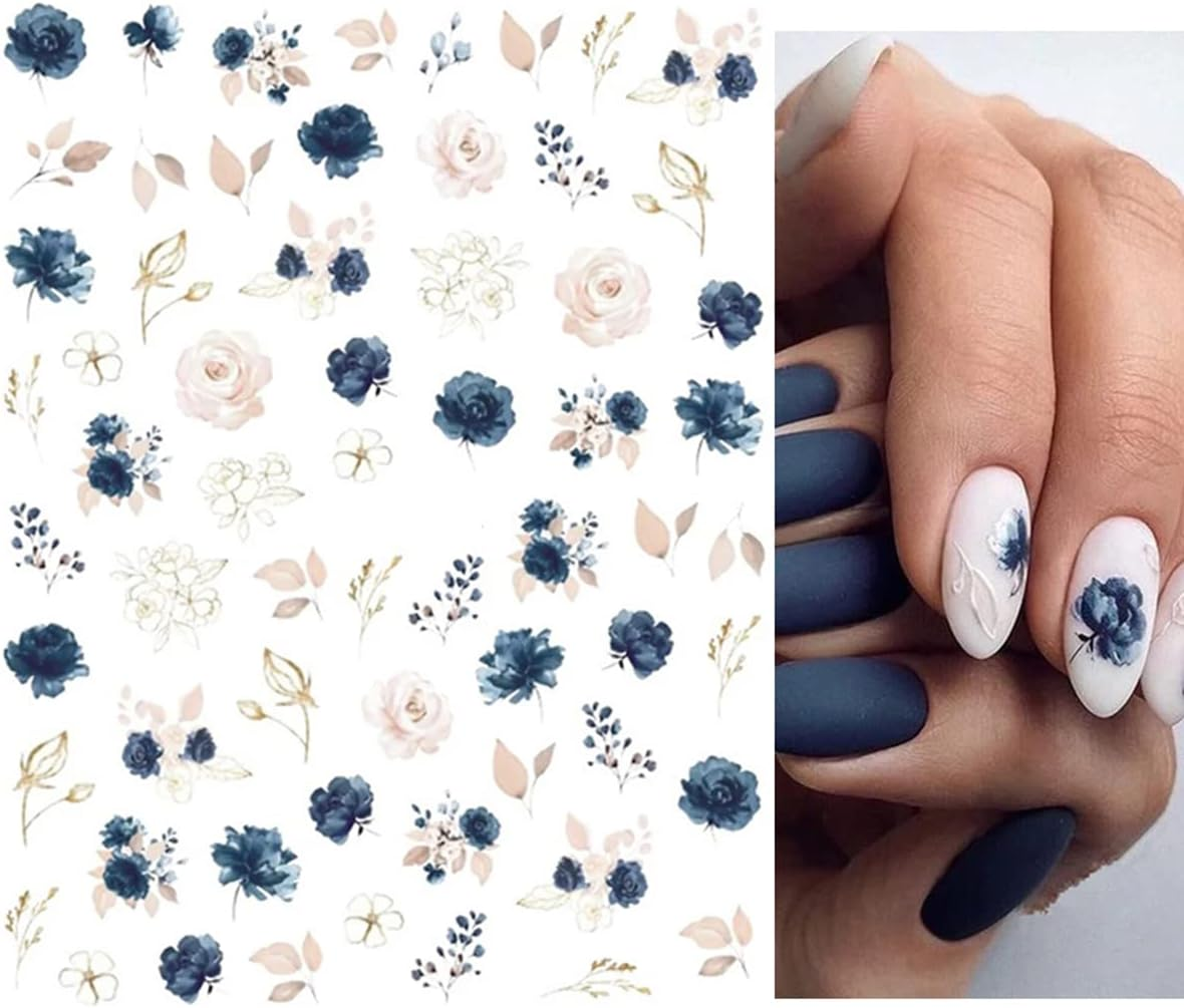 Flower Nail Art Stickers Decals, Watercolor Royalblue White Flowers 3D Nail Stickers 6PCS Butterfly Floral Leaves Nail Decals for Acrylic Nails Summer Nail Art Decorations Supplies Manicure Decor Tips