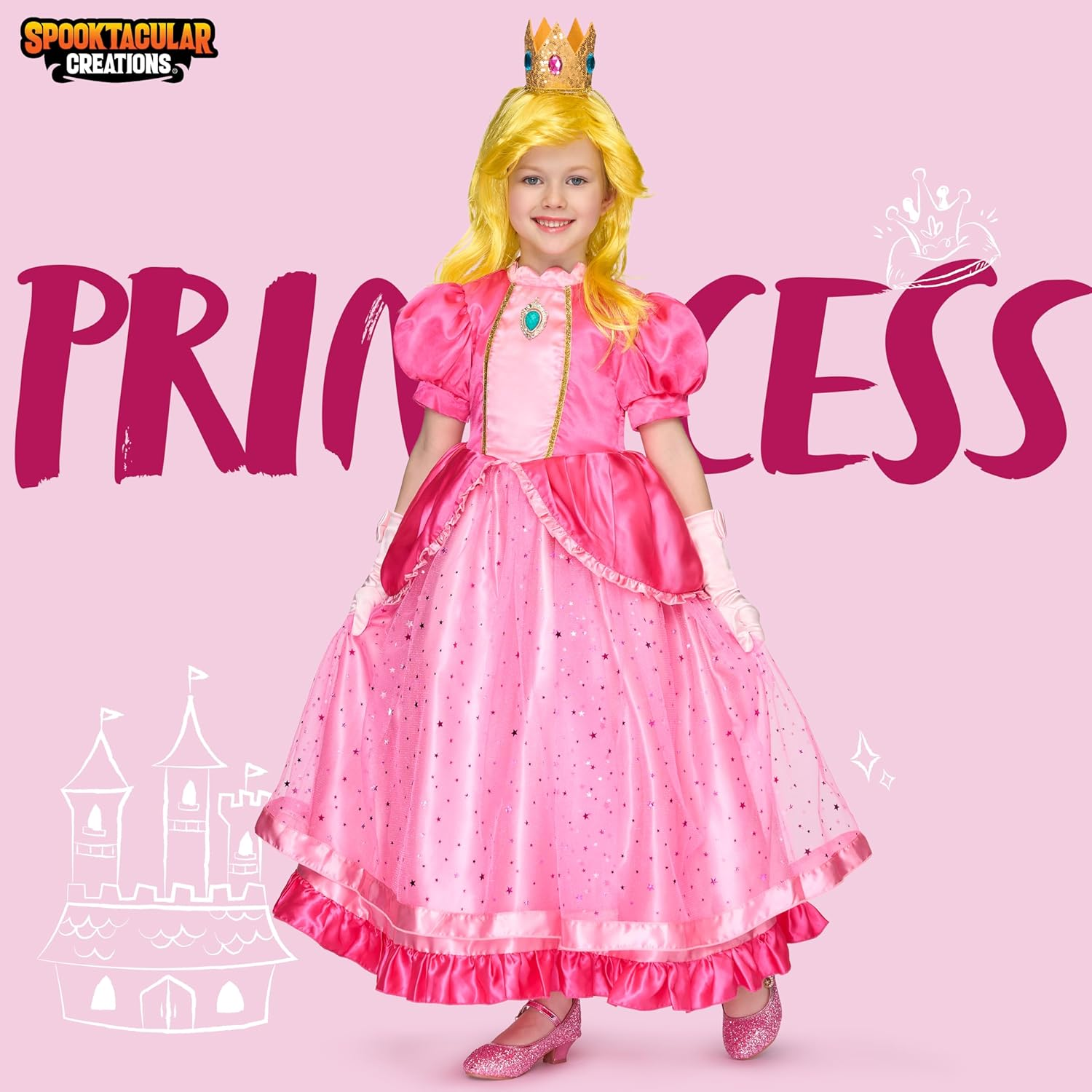 Spooktacular Creations Halloween Pink Princess Dress, Kids Princess Dress Up, Peach Crown Costume for Girls Birthday image number 4