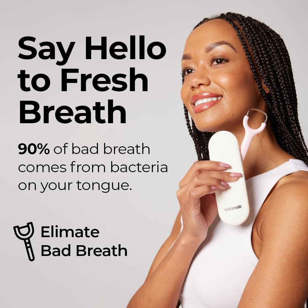 Venneir&reg; Tongue Scraper with Travel Case, Oral Glide Pro&ndash;Bad Breath Treatment, Medical-Grade Stainless Steel&ndash; for Adults & Kids. 100% Rustproof, Sleek & Effective Design (Slate White) - Pink Frost image number 2