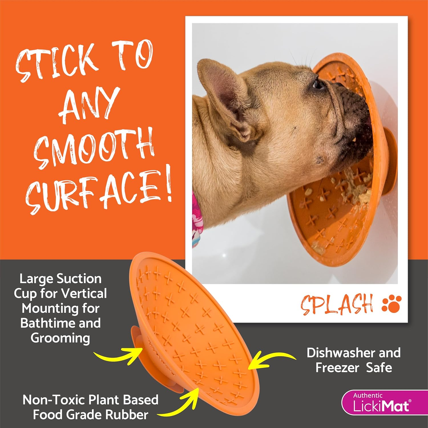 Lickimat Splash, Dog Slow Feeder Bowl for Boredom & Anxiety Reduction, Sticks to Smooth Surface; Perfect for Food, Treats, Yogurt, or Peanut Butter. Fun Alternative to a Slow Feed Dog Bowl, Orange