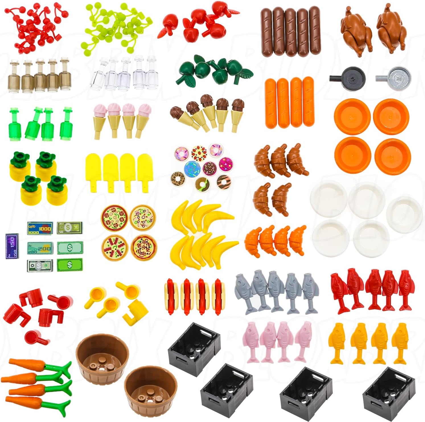 Bloxbrix 180Pcs City-Friends Brick-Food-Pieces -Fruit-Apple-Banana-Pineapple-Cherry Desserts-Ice Cream-Cake-Sweet Cone Picnic-Pizza-Hotdogs-Turkey-Fish-Beer-Money Toys for Extra Bricks image number 3