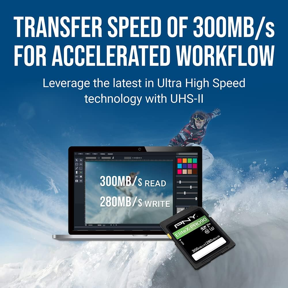 PNY 64GB Elitex-Pro90 UHS-II SDXC Memory Card &ndash; R300Mb/S W280Mb/S, U3, V90, 8K UHD, Full HD, UHS-II for Professional Photographers & Content Creators, DSLR, Mirrorless Cameras, Advanced Video Cameras image number 4