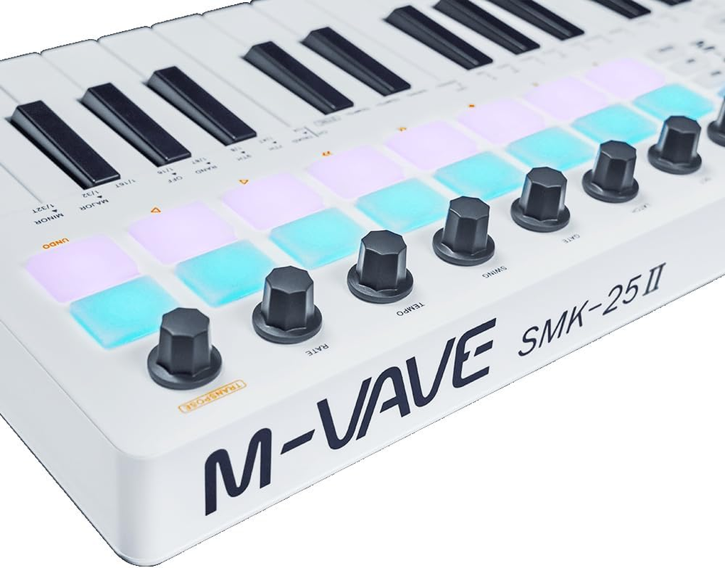 M-Vave SMK 25 MKII Wireless BT Midi Keyboard Controller with 16 Backlit Drum Pads, 8 Buttons, Arpeggio, USB, White image number 2