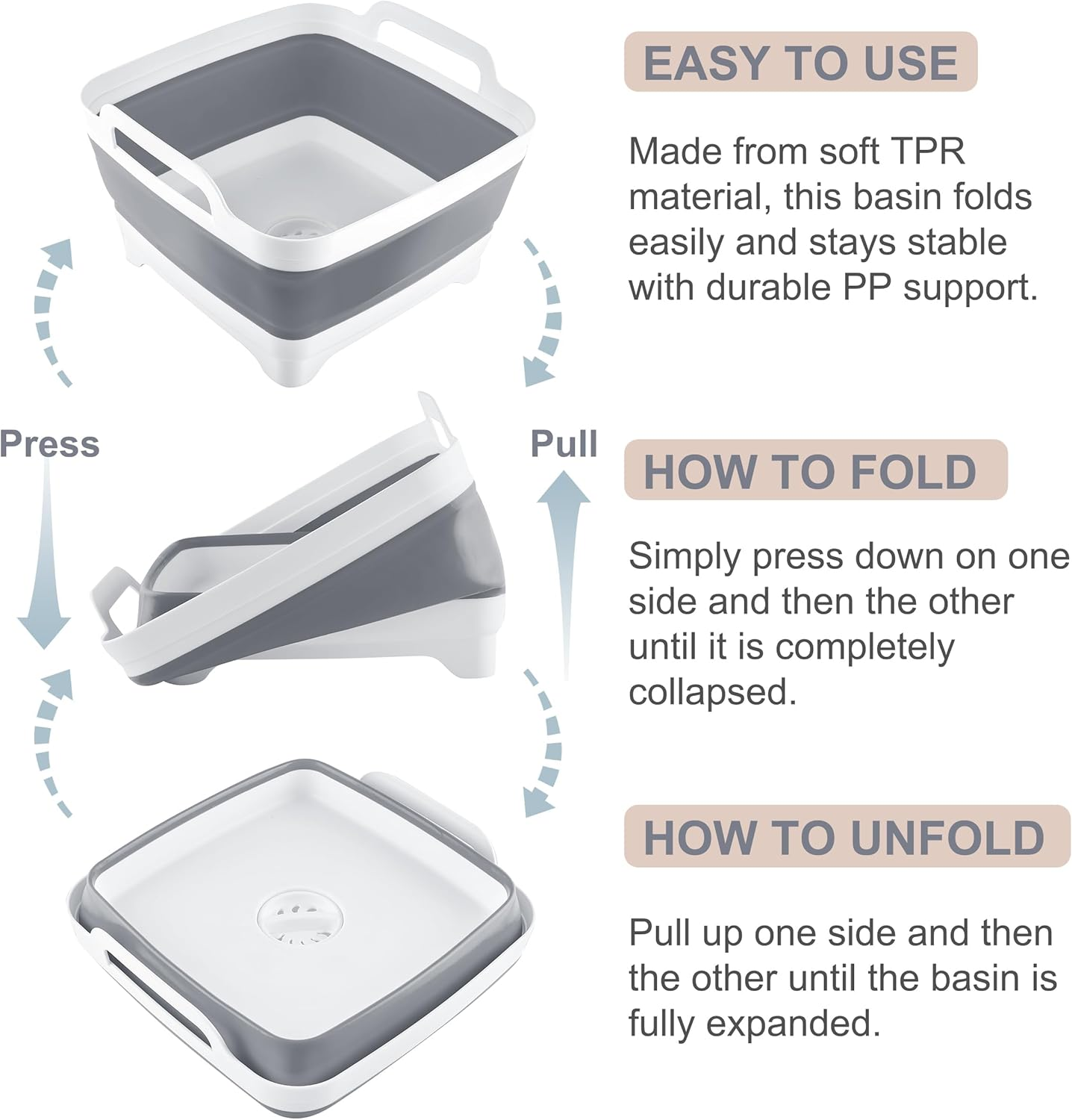 2.4 Gal(9L) Collapsible Dish Basin with Drain Plug, Space Saving Outdoor Multiuse Foldable Sink Tub, Dishpan, Kitchen Storage Tray for Camping, Vegetable Washing, RV