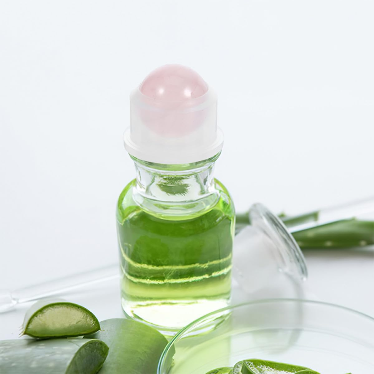 GRADENEVE 4Pcs 10Ml Essential Oil Roller Ball Bottles Accessories Natural Rose Quartz Gemstone Heads, 16Mm Neck Stainless Steel Insert for Aromatherapy and Diffuser Use