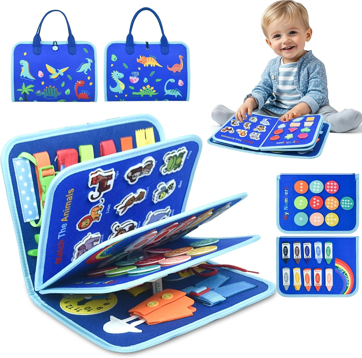 Ryzagin Toddler Busy Board Montessori Toys for Kids, Sensory Learning Toys for Fine Motor Skills, Travel Activity Book, Educational Boys & Girls, Birthday Present (Blue)