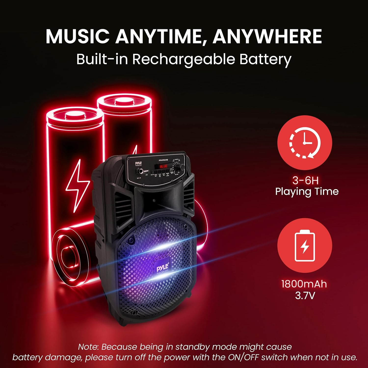 Portable Bluetooth PA Speaker System - 300W Rechargeable Outdoor Bluetooth Speaker Portable PA System W/ 8&rdquo; Subwoofer 1&rdquo; Tweeter, Microphone In, Party Lights, MP3/USB, Radio, Remote - Pyle PPHP834B image number 6