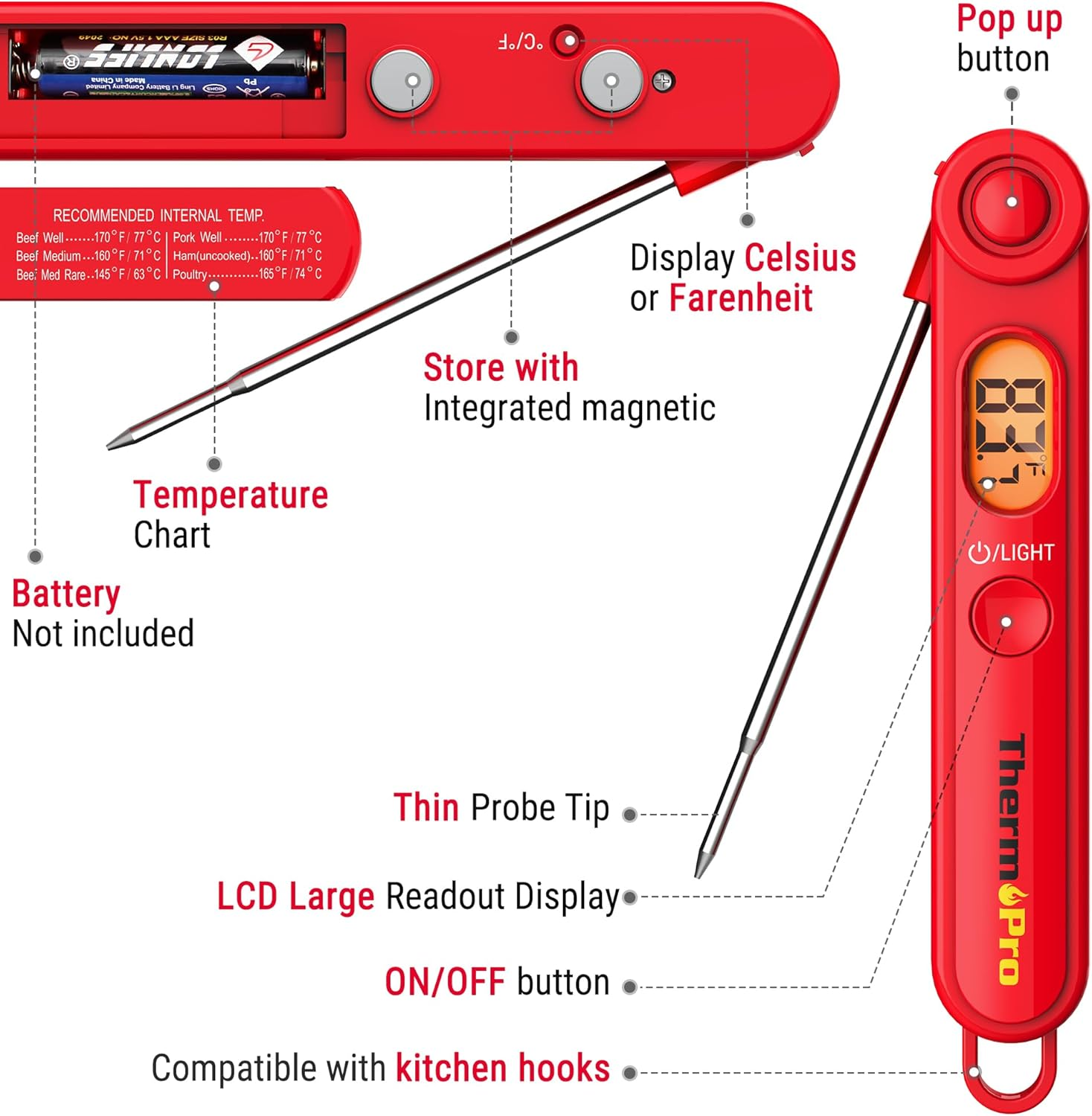 Thermopro TP03B Digital Meat Thermometer for Cooking, Instant Read Thermometer with Backlight, Kitchen Food Thermometer for Grill Smoker BBQ Oil Deep Fry Candy Bread Coffee with Pop-Up Meat Probe - Bright Red image number 2