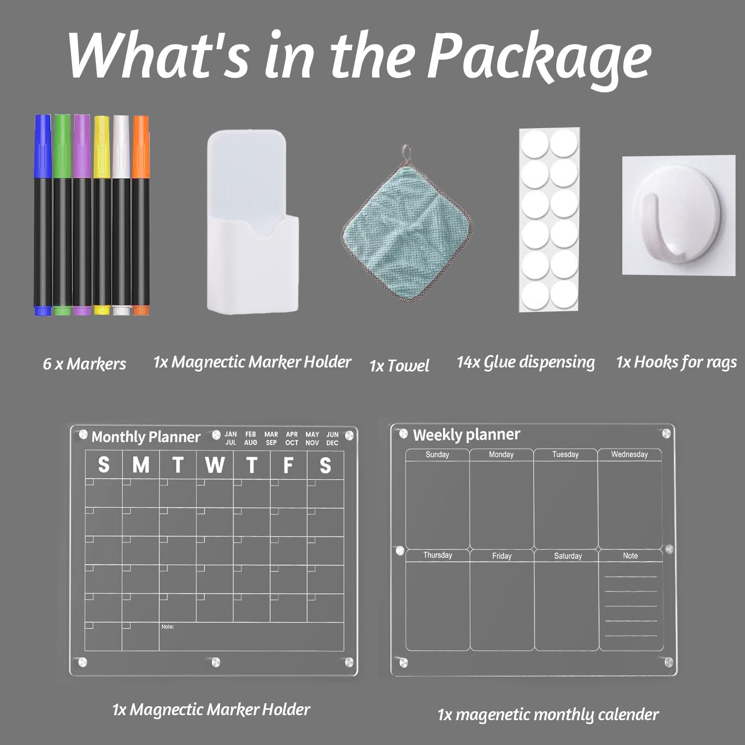 Clear Acrylic Magnetic Calendar for Fridge - 2Pcs 16"X12" Magnet Monthly and Weekly Wet Erase Board for Refrigerator Reusable Planner Includes 6 Colorful Markers,Magnetic Pen Holder and Erase Towel image number 4