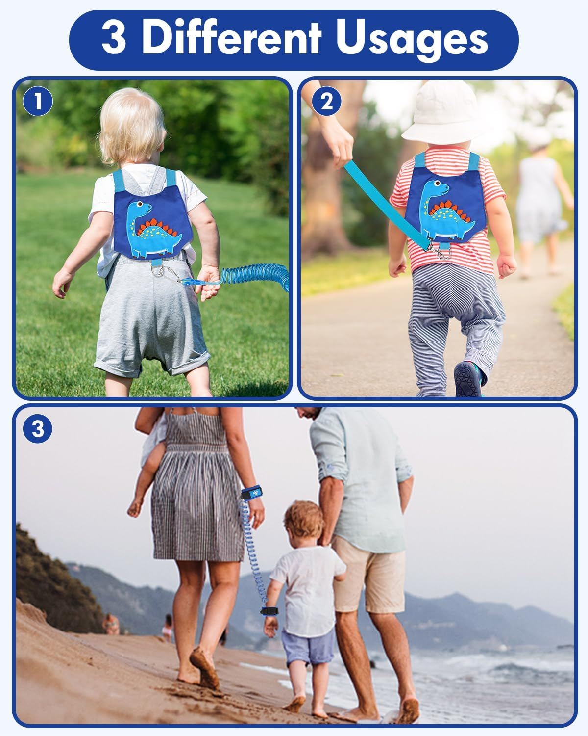 Lehoo Castle 3 in 1 anti Lost Wrist Link Safety Harness, Toddler Harness Leash for Kids, Adjustable Walking Strap, 360&deg; Rotation Baby Safety Harness with Lock (Brachiosaurus) - Navy Dino image number 4