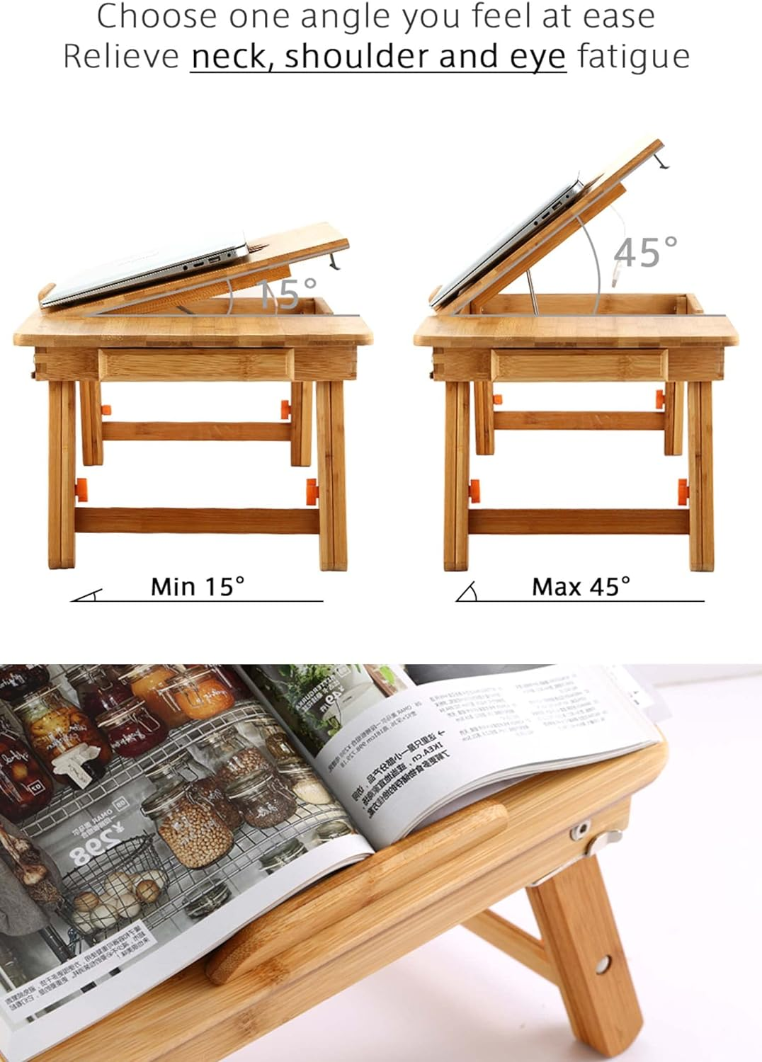 Laptop Desk Nnewvante Table Adjustable 100% Bamboo Foldable Breakfast Serving Bed Tray W' Tilting Top Drawer image number 6