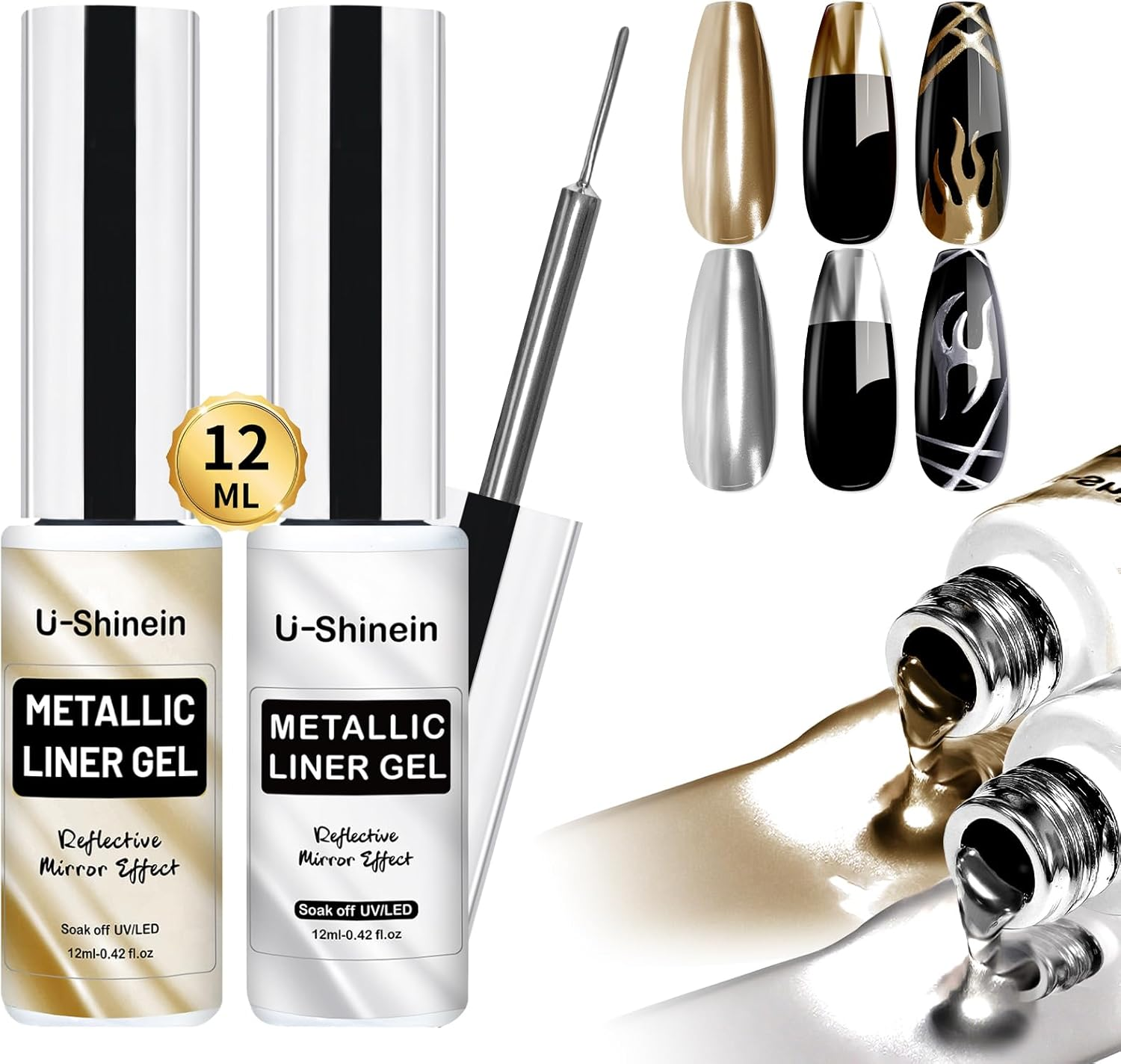U-Shinein Metallic Mirror Painting Gel Nail Polish, Ultra Mirror Silver & Gold Metal Painted Drawing Gel with Build in Thin Brush, Chrome Gel Polish Nail Art Gel Liner Soak off DIY Nail Art 2X12 Ml