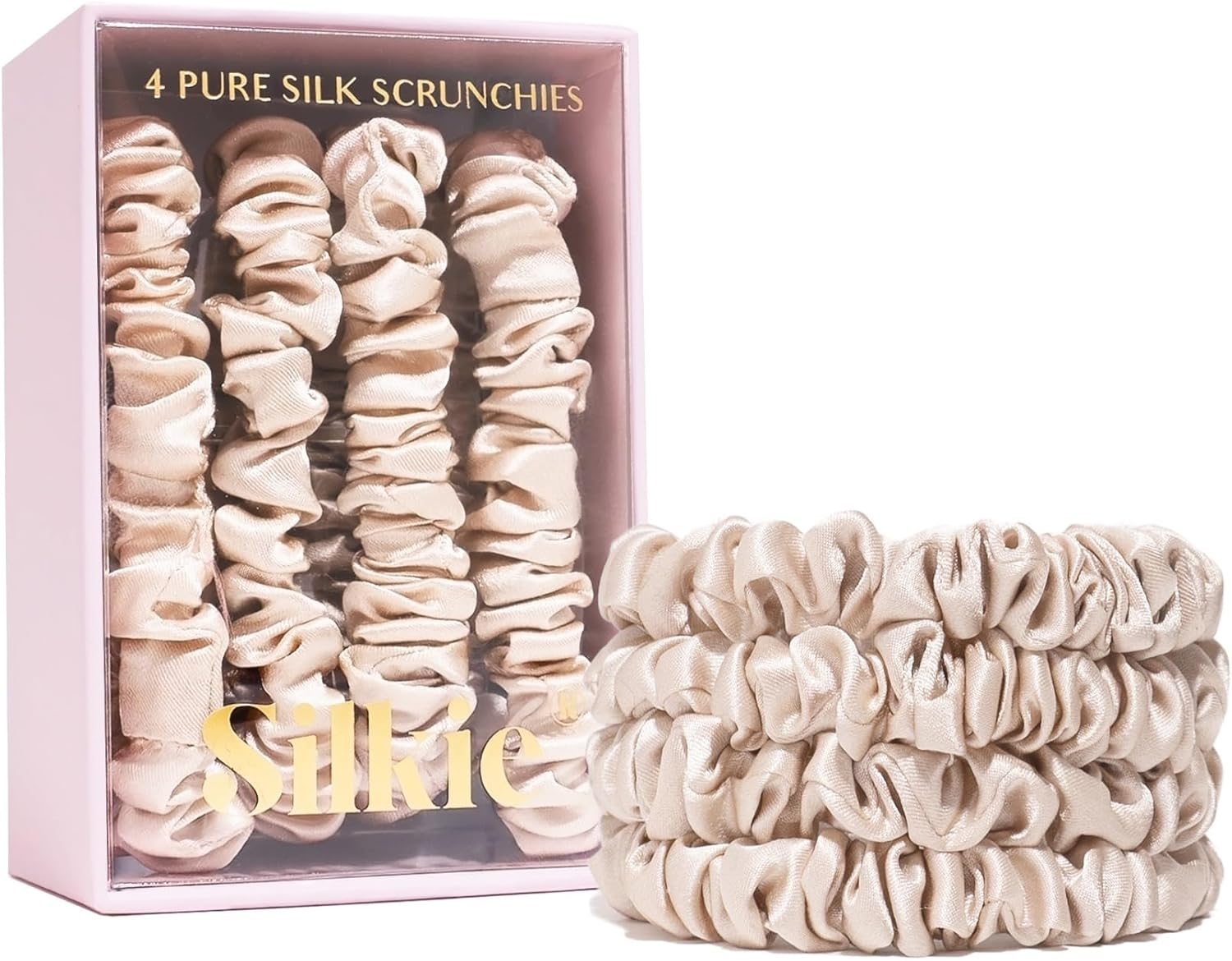 SILKIE 100% Pure Mulberry Silk Scrunchies Set of 4 Brown Travel Pouch Hair Care Elastic Hair Ties Ponytail Holder