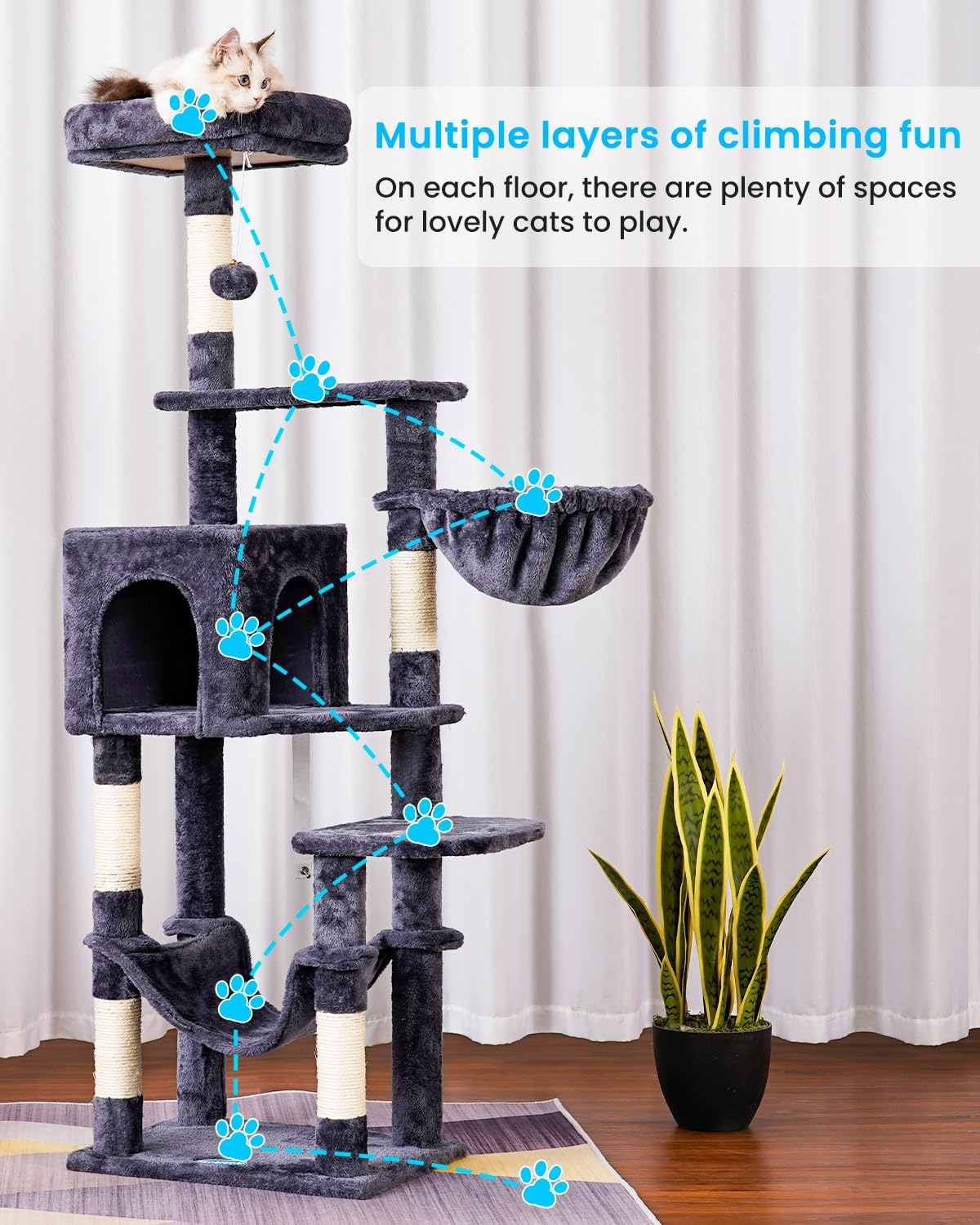 Hey-Brother Cat Tree with Large Hammock, Multi-Level Cat Tower for Indoor Cats, Cat Condo with Sisal-Covered Scratching Posts and Top Perch, Smoky Gray MPJ050G image number 3
