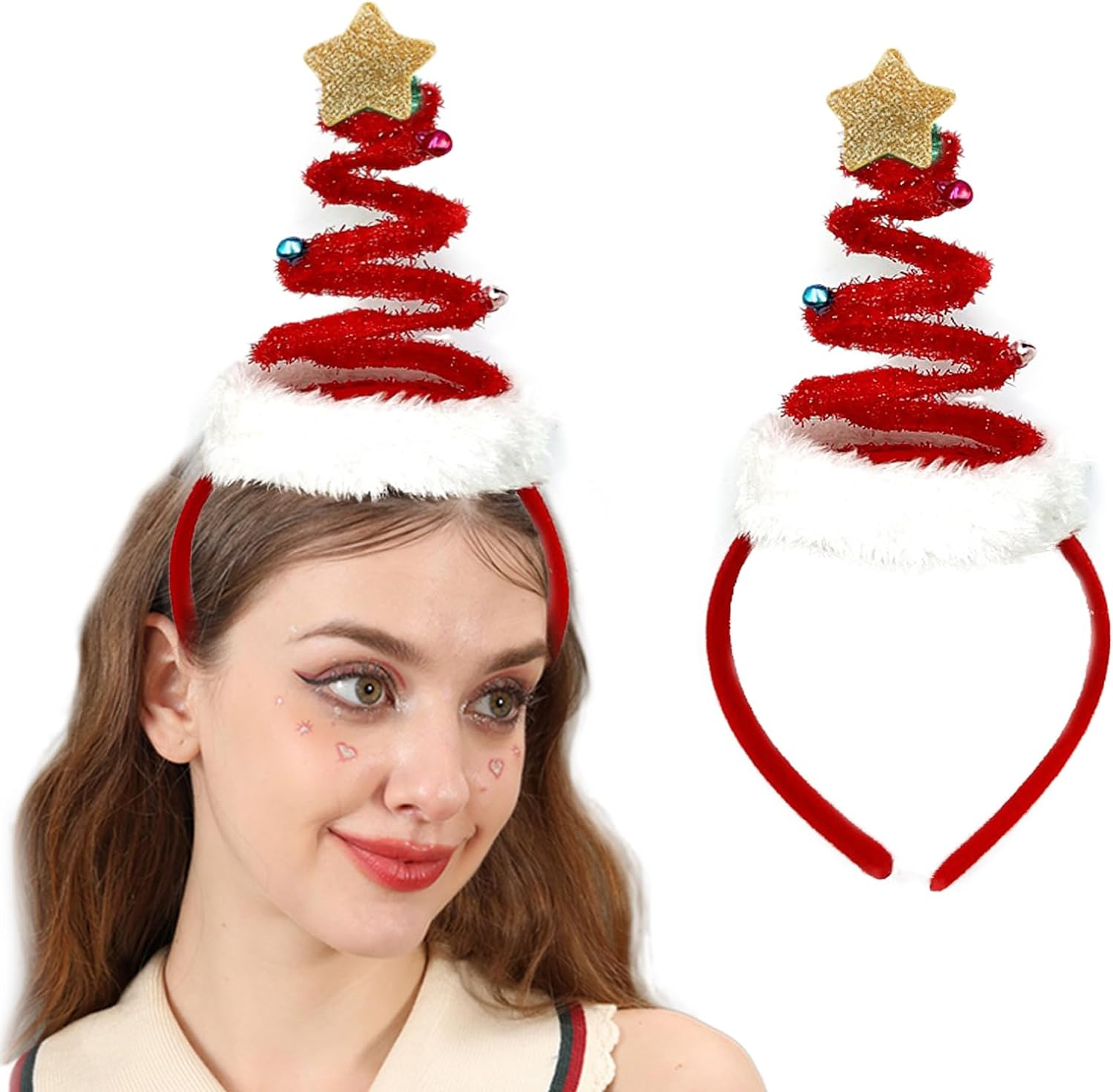 Lopsity Christmas Tree Headband Springy Santa Headwear Christmas Headban with Bells Cute Headband Christmas Costume for Women Girls (Red)