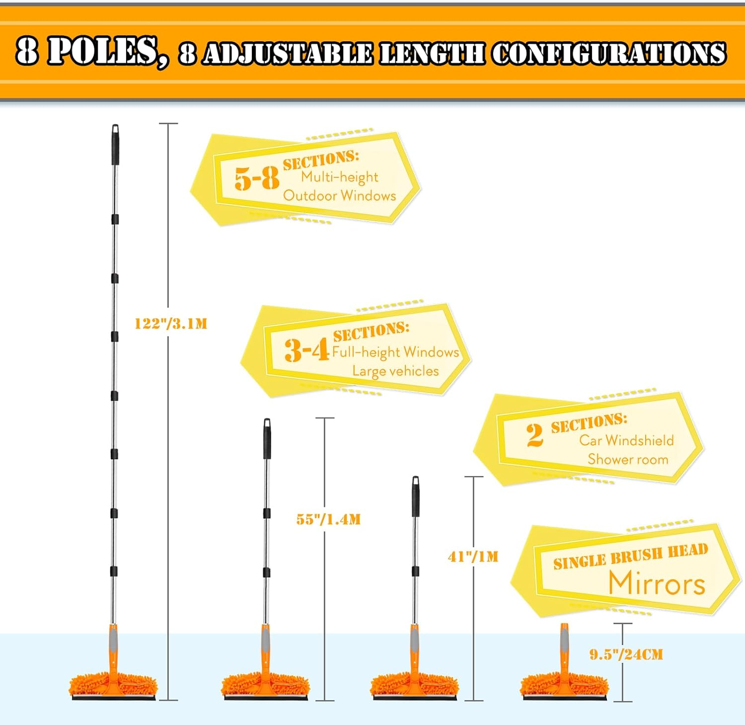 Lapluied 4M/157" Long Reach Window Cleaning Equipment, 3 in 1 Telescopic Window Cleaner, 270&deg; Rotating Squeegee Window Cleaning Kit with 10 Extendable Pole for Indoor/Outdoor High Window,Orange image number 3