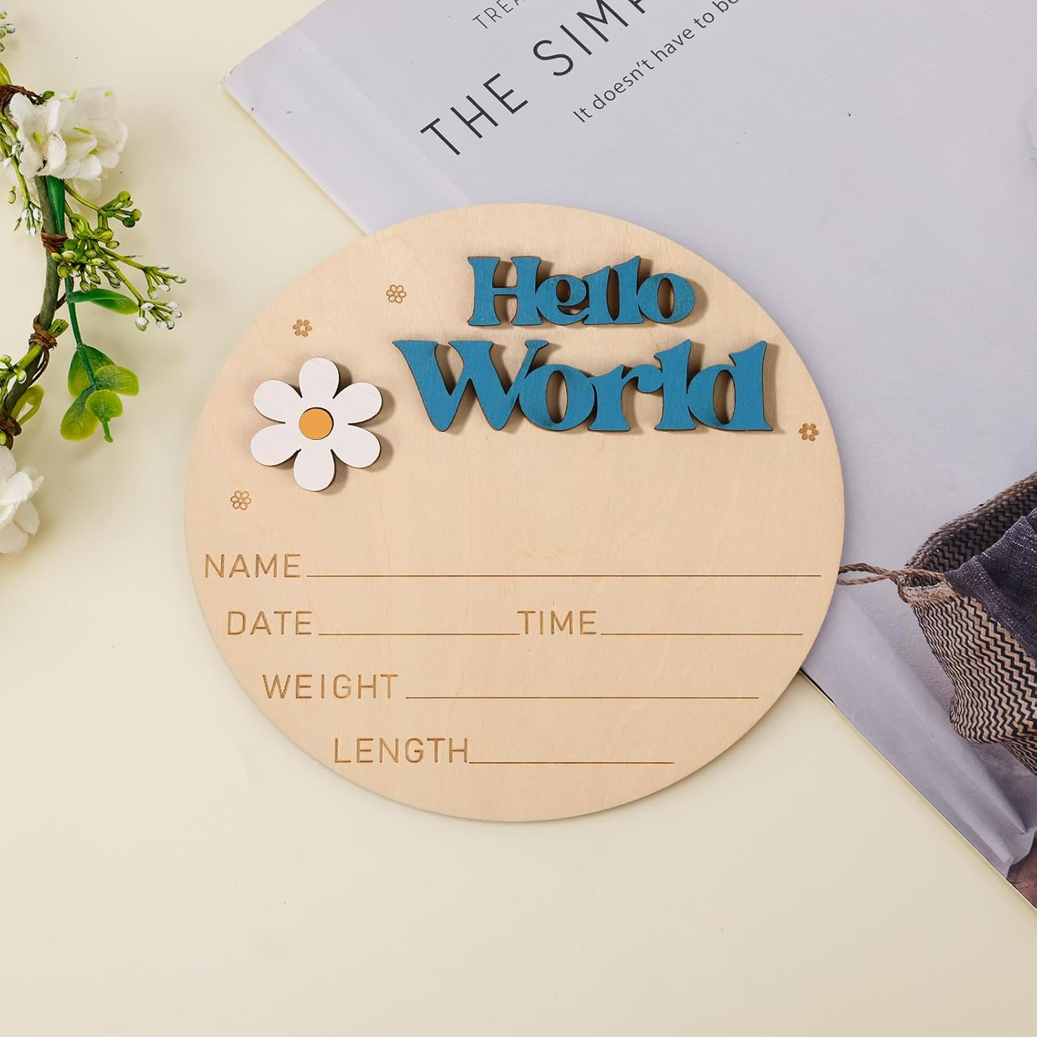 Baby Announcement Sign, 5.9 Inch Wooden Hello World Sign Gender Reveal Birth Announcement Board Newborn Welcome Sign Baby Name Plaques Gifts for Photo Prop Nursery Hospital Girl Boy(Blue) image number 1