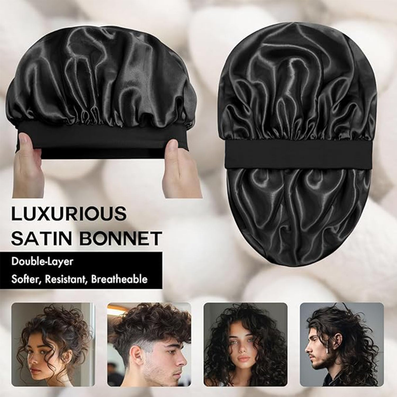 EOMECUIGAO Silk Hair Bonnet Nightcap 2PCS for Women Comfortable Sleep Bonnet to Keep Hair Neat(Black) image number 4