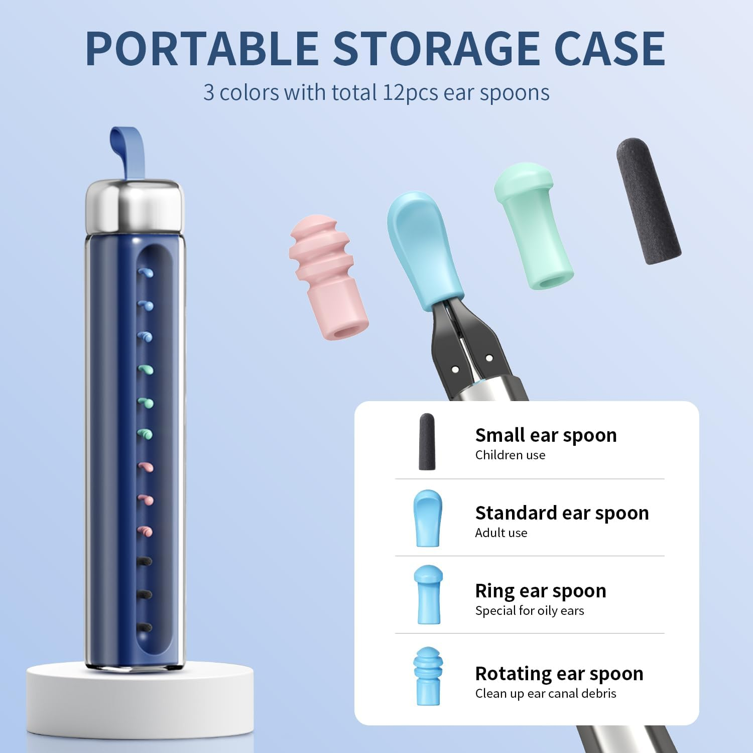 Qimic Ear Cleaner Camera with Tweezers - 1080P Ear Wax Removal with Light and Camera, IP67 Ear Camera with Storage Box, Earwax Removal Kit with 12 Colorful Silicone Tips for Iphone,Android(Blue) image number 3