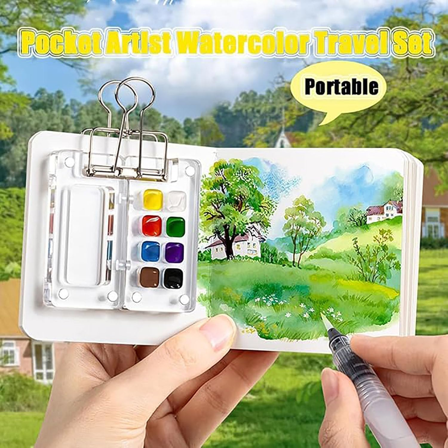 Artist Portable Watercolor Travel Kit, Travel Drawing Board, Mini Portable Watercolor Drawing Board Kit with Clip for Students (12 Color 8-Grid Set)
