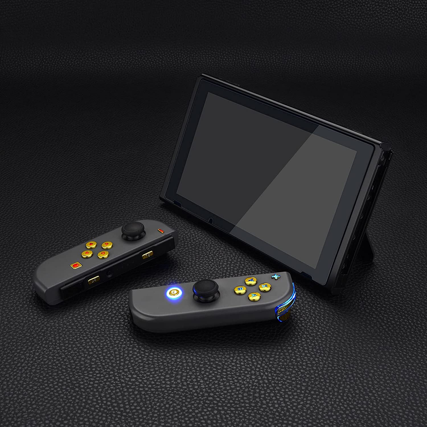 Extremerate 7 Colors 9 Modes NS Joycon DFS LED Kit, Multi-Colors Luminated Chrome Gold Classical Symbols ABXY Trigger Face Buttons for Nintendo Switch & Switch OLED Model Joy-Con - Joycon NOT Included - Black Symbols Buttons Set image number 4