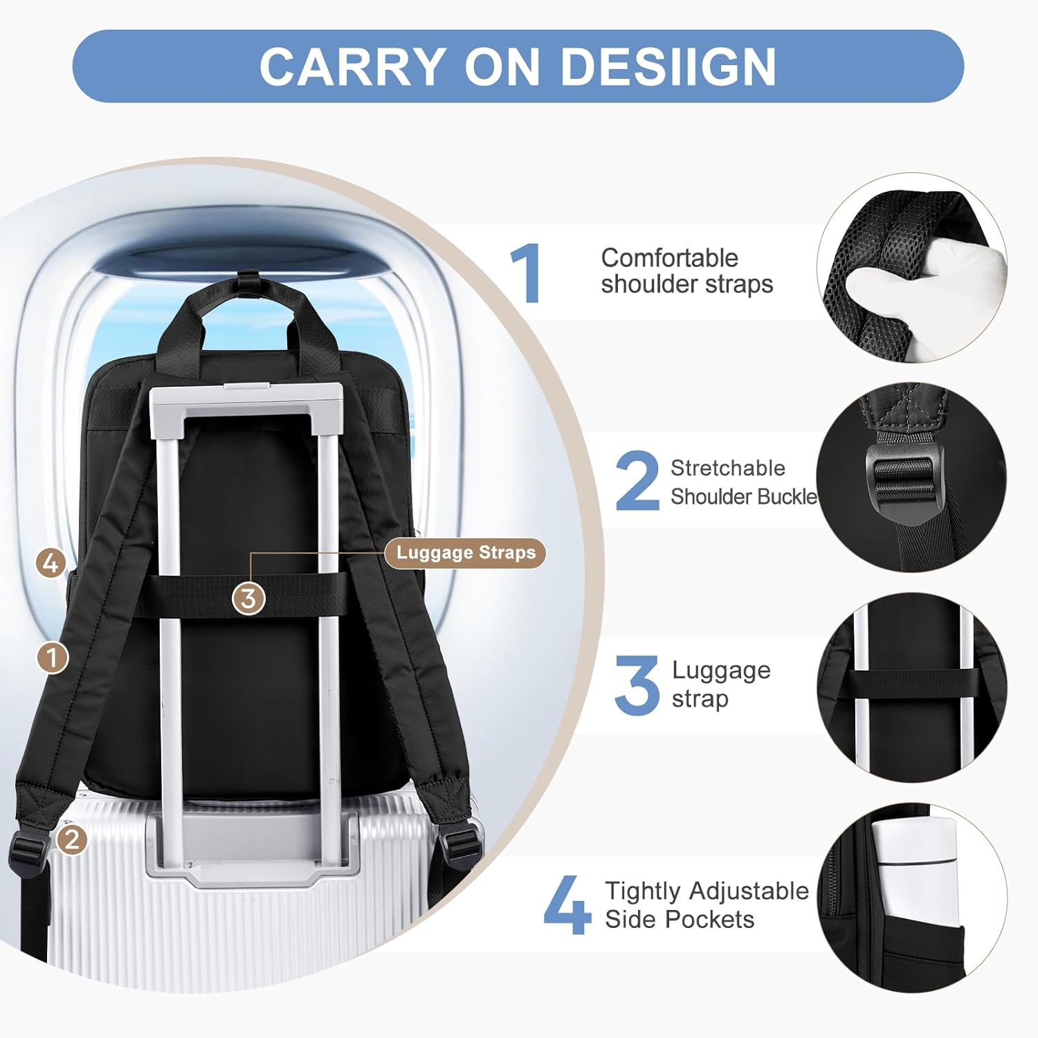 Pakembl Large Travel Backpack for Women Laptop Backpack Men Carry on Backpack Portable Computer Backpacks anti Theft Backpack Casual Daypack Fit 14 Inch Laptop - A02-Black Gold image number 4