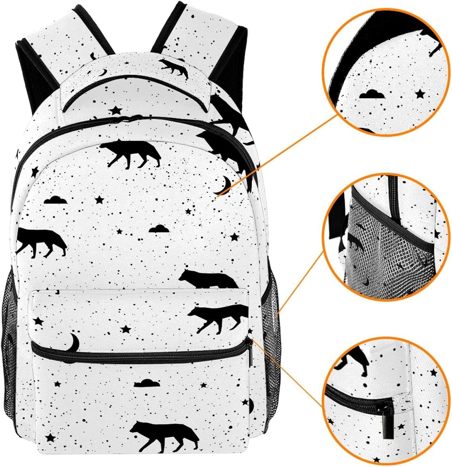 Monochrome Black and White Wolf Patten Backpack Students Shoulder Bags Travel Bag College School Tote Backpacks image number 5