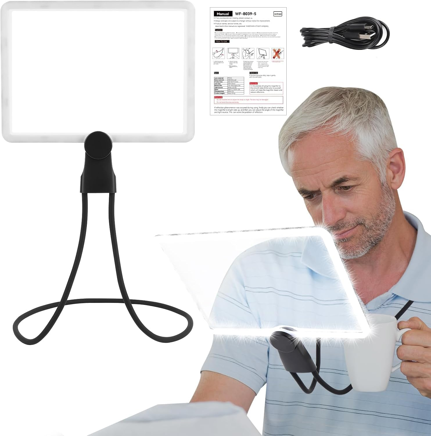 Flexible Gooseneck Page Magnifier, 5X Hands-Free Neckwear Magnifying Glasses with 3 Color Light Modes for Repair Reading DIY Low Vision Seniors Elderly image number 4