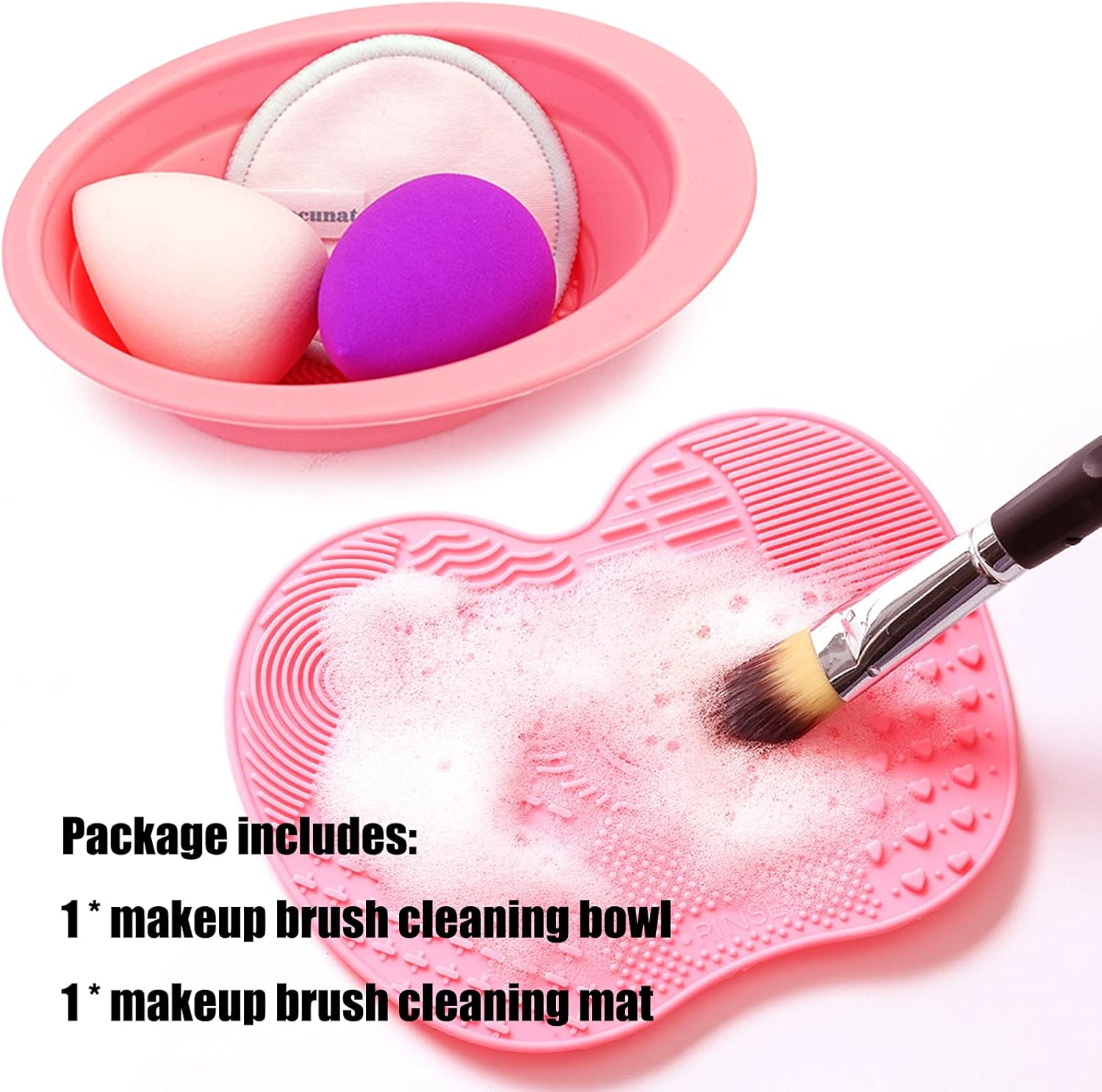 (Pink) - Makeup Brush Cleaning Mat, Silicone Makeup Brush Scrubber, Cosmetic Brush Cleaner, Brush Cleaning Pad, Foldable Makeup Brush Cleaning Bowl Suitable for Makeup Brush, Makeup Sponge, Powder Puff (Pink) image number 4