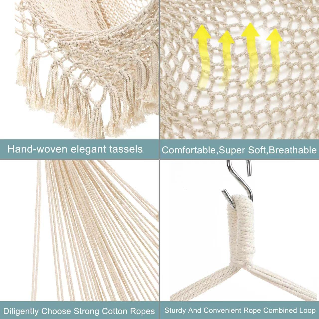 Hammock Chair, Large Hanging Chair, Soft Cotton Rope Swing Chair with High Load-Bearing Metal Rod,Indoor Outdoor Garden Yard Living Room,Max 150Kg image number 3