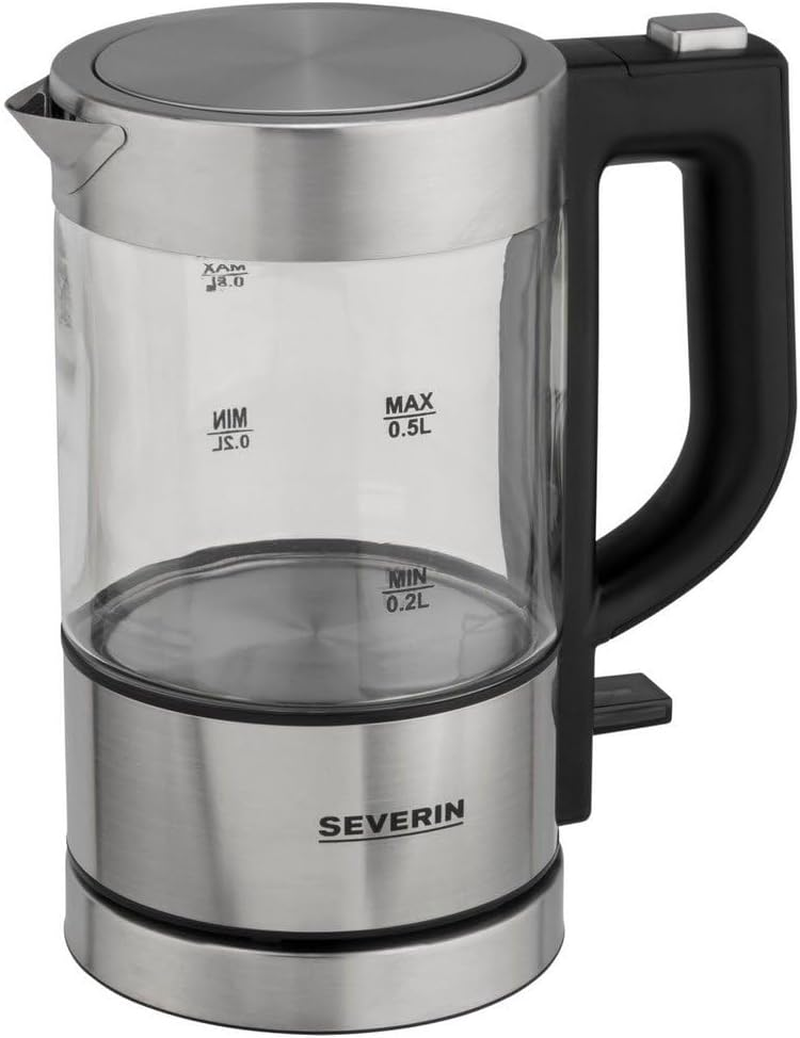 SEVERIN Mini Glass Kettle 0.5 L, Powerful and Compact in High-Quality Design, Electric Kettle with Limescale Filter, Stainless Steel/Black, WK 3472 image number 1