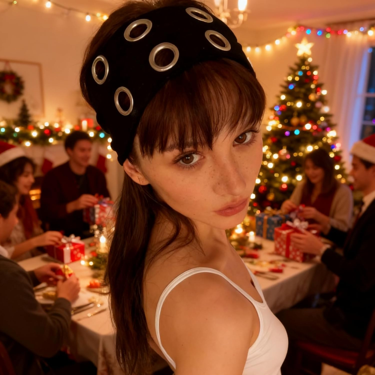 Punk Grunge Wide Hair Bands Women Hollow Eyelets Elastic Headband Hair Band with Rivets Wide Punk Rock Headband with Stretch for Women Fitness Yoga and Running image number 6