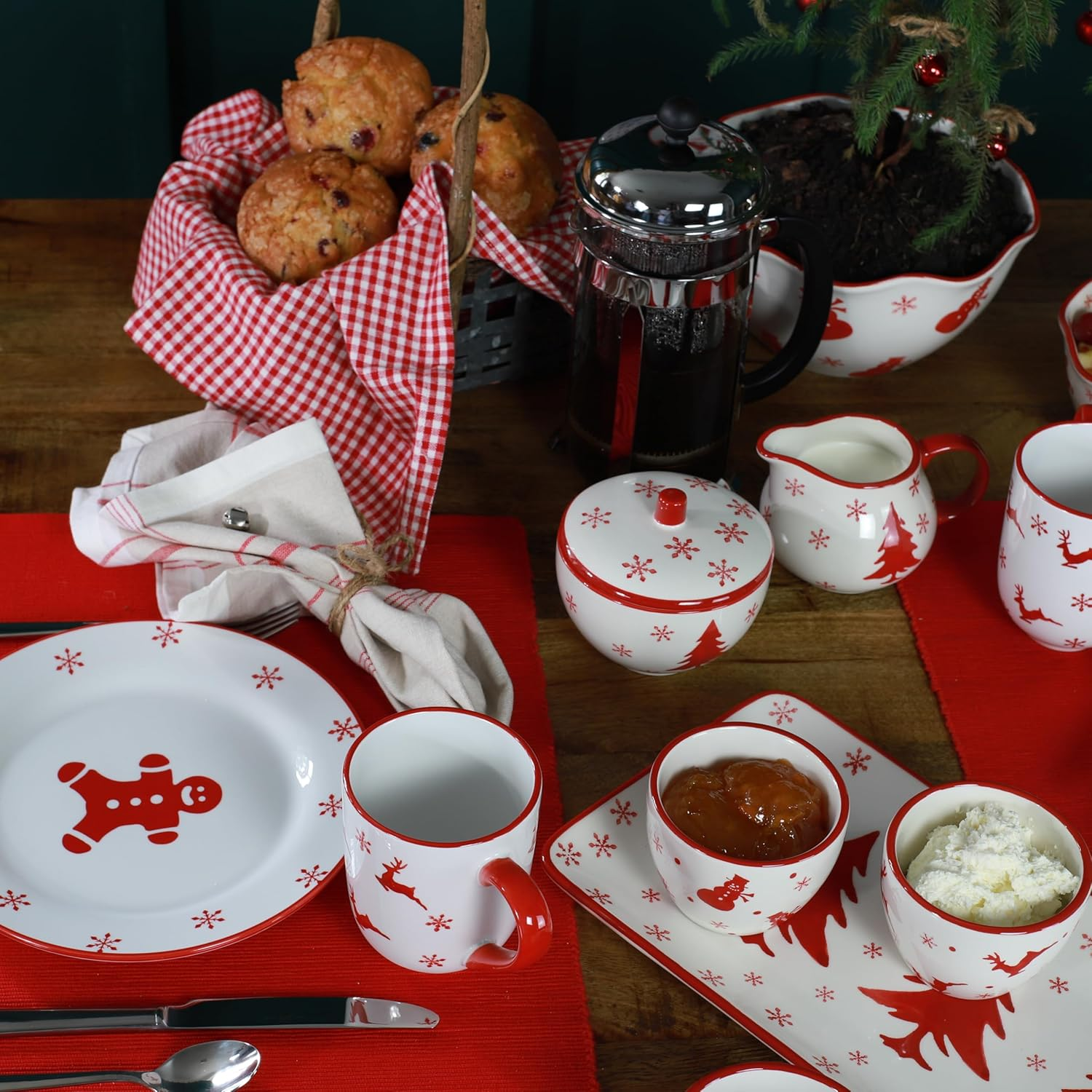 Euro Ceramica Winterfest Collection Festive Ceramic Wavy Edge Candy/Snack Bowls, 3 Piece Set, Assorted Hand-Stamped Holiday Designs, Red & White image number 3