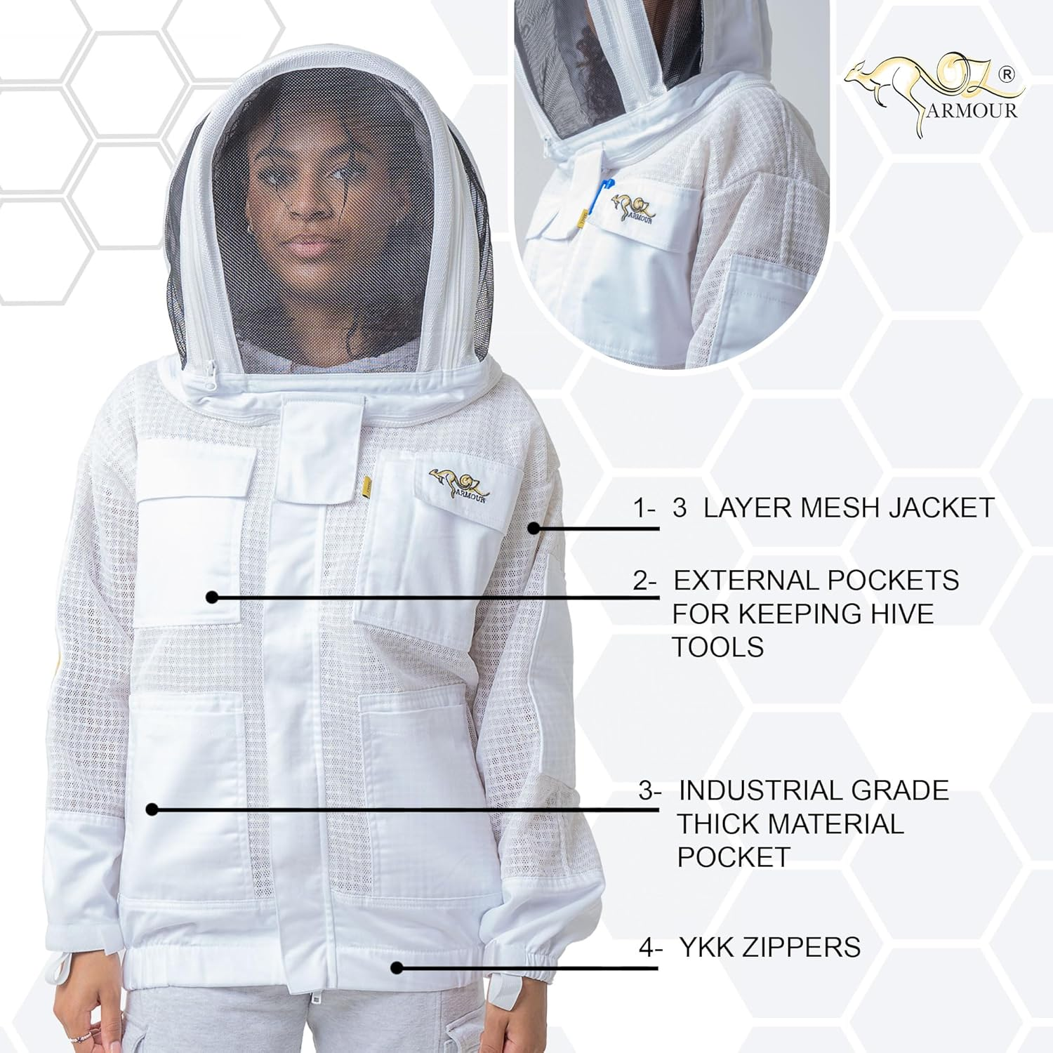 Beekeeping Jacket 3 Layer Ventilated Beekeeper Costume with 2 Hoods Fencing & round Brim Hat (Xx-Large) image number 5