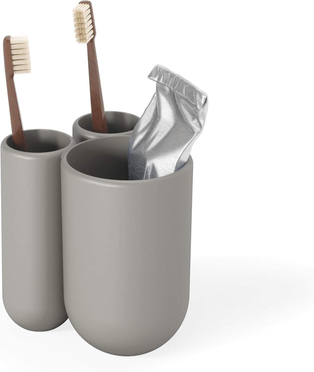 Umbra Touch Toothbrush Toothpaste Modern Bathroom Storage Organizer Holders Stand Rack with Multi-Functional 3 Slots and Dividers-Doesn'T Wobble or Fall Over, 3 &frac12; X 3 X 4 Inches, White Bath