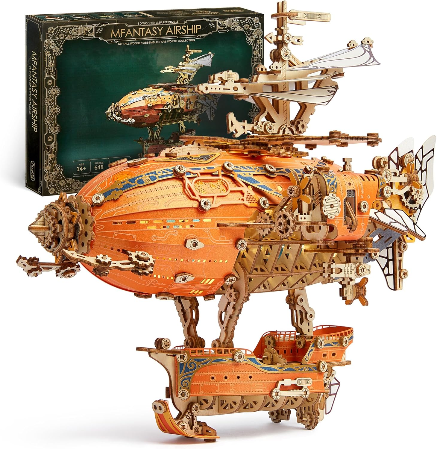 LED 3D Wood Puzzle Fantasy Airship Model - Steampunk DIY Craft Kit with LED Lights &ndash; Intricate Wooden Airship Model Building Set for Teens and Adults (Gray)