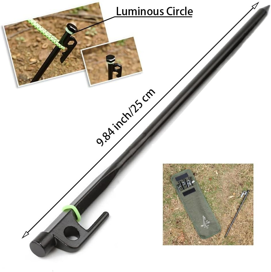 21 Pcs 25Cm Carbon Steel Tent Stakes Kit- 10 Heavy Duty Metal Tent Pegs W/ 10 Glow Rings & 1 Storage Bag-Camping Stake Peg Accessories,Durable Ground Anchors for Yard Outdoor Canopy Tarp image number 3