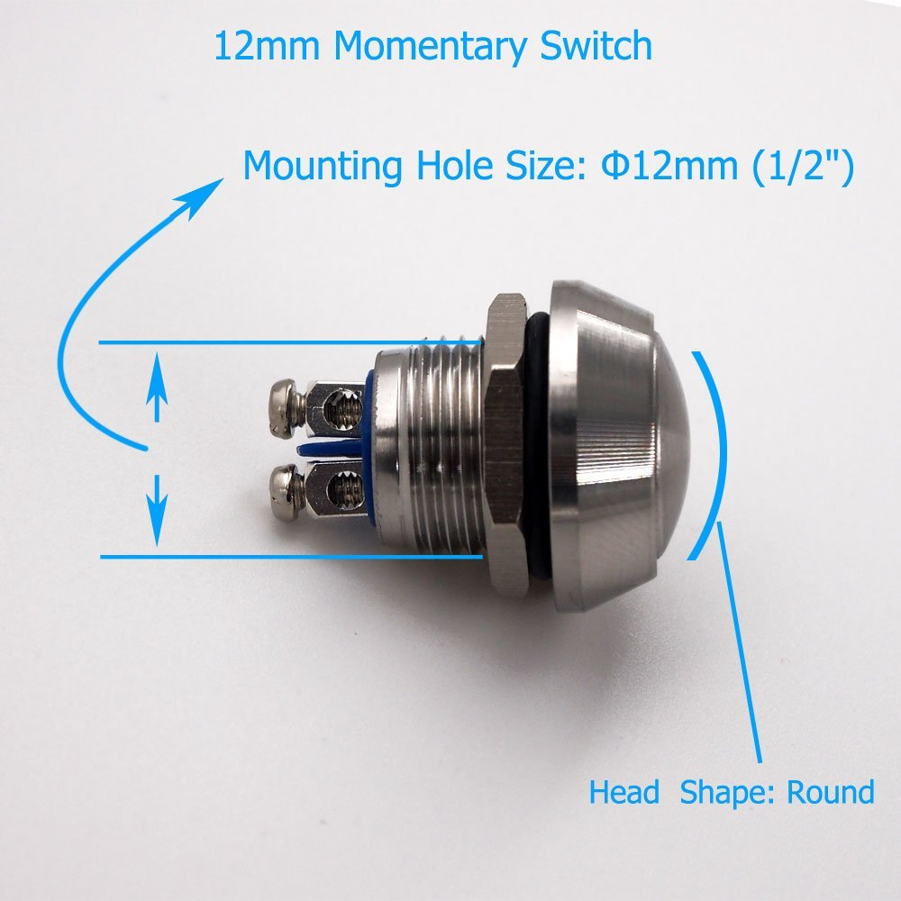 Momentary Push Button Switch, URTONE UR123, 1NO SPST DC/AC 36V 2A Stainless Steel Metal Shell Suitable for 12Mm 1/2" Mounting Hole - Silver image number 4