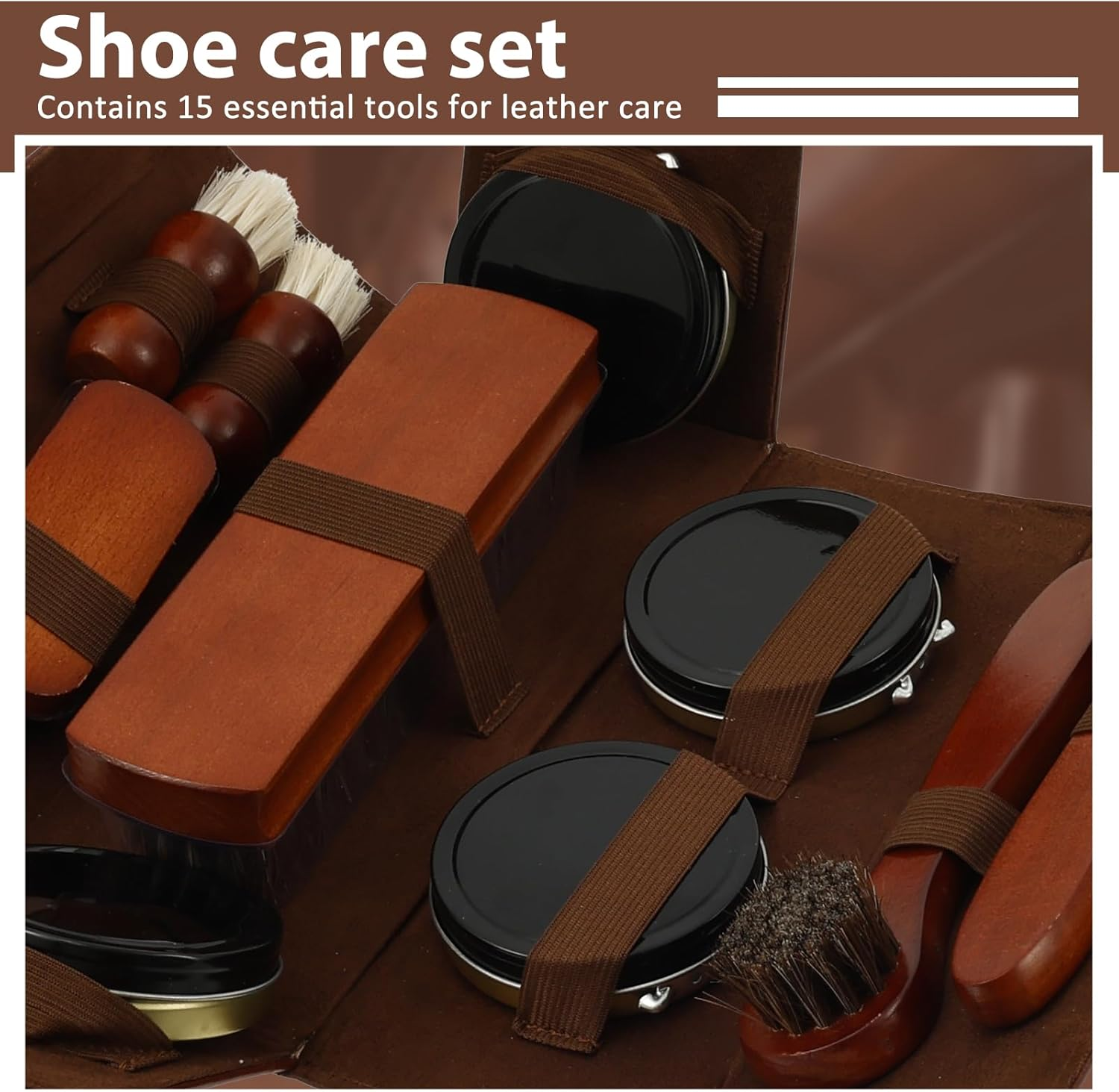 Shoe Polish Kit, 15 Pcs Shoe Polish Caring Horsehair Shoe Polish and Brush Set Portable Leather Shoe Shine Set Leather Boots Cleaning Brush for Sofa Jacket Gloves Handbag image number 3