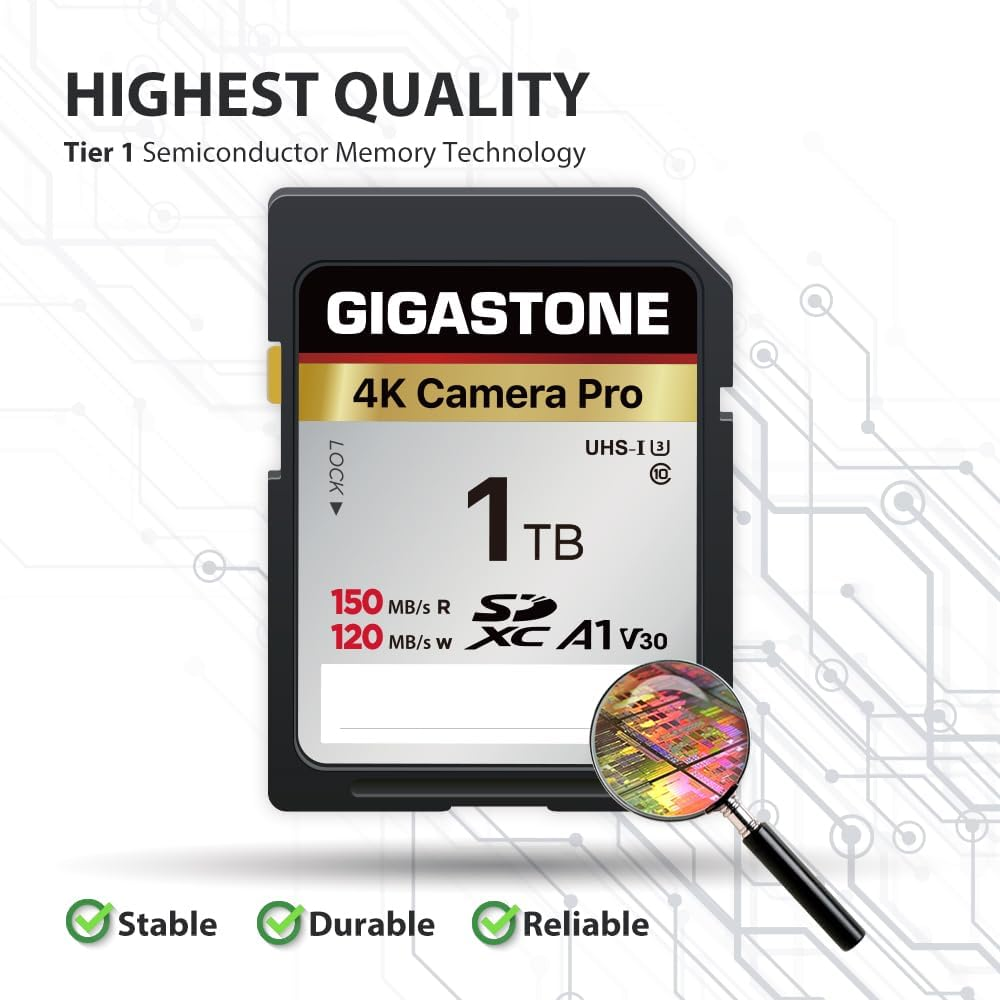 [5-Yrs Free Data Recovery] GIGASTONE 1TB SDXC Memory Card 4K Pro Series Camera Transfer Speed up to 150Mb/S Compatible with Canon Nikon Sony Camcorder, A1 V30 UHS-I Class 10 for 4K UHD Video image number 4